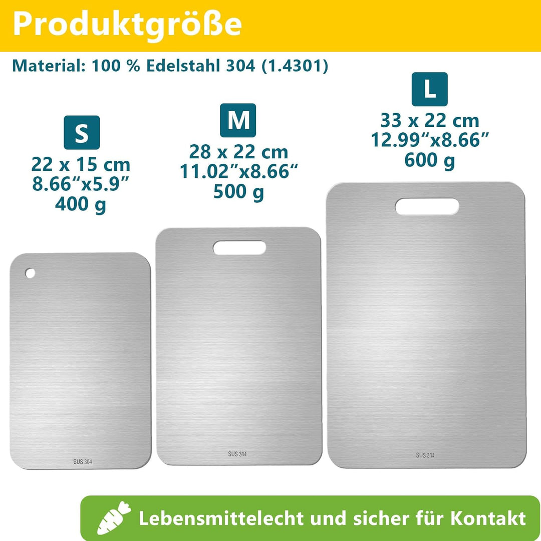 Schneidebrett Set 3er aus S304 Edelstahl, Chopping board Doppelseitiges Lebensmittel Grade, BPA-frei
