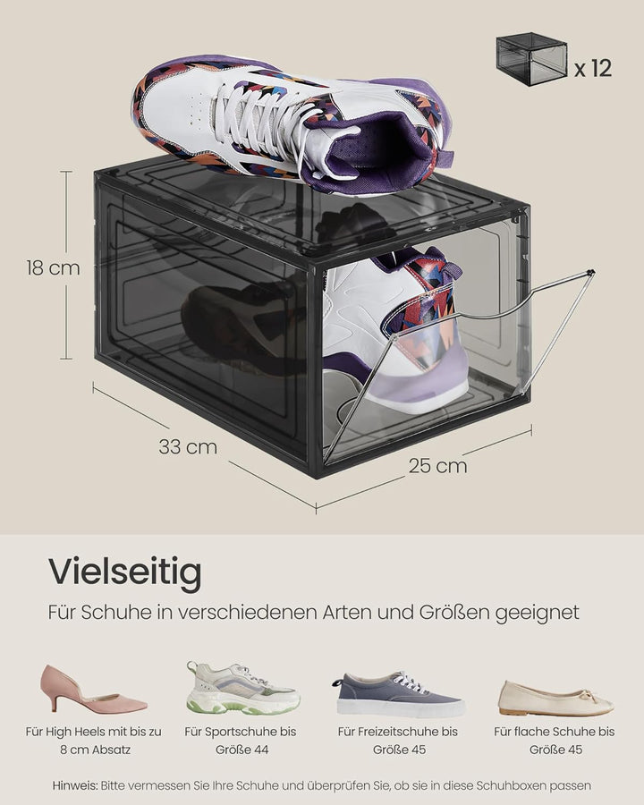 SONGMICS Schuhboxen, Schuh-Organizer aus Kunststoff, mit Tür, durchsichtig, Kunststoffboxen, 12er Se
