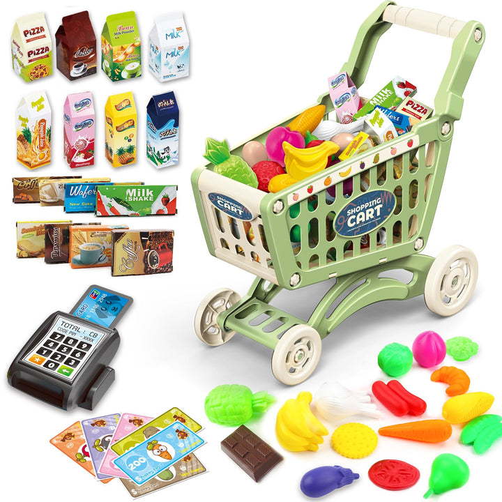 deAO Kinder Einkaufswagen Wagen für Lebensmittel Kleinkinder 65 Lebensmittel Obst Gemüse Pretend Pla