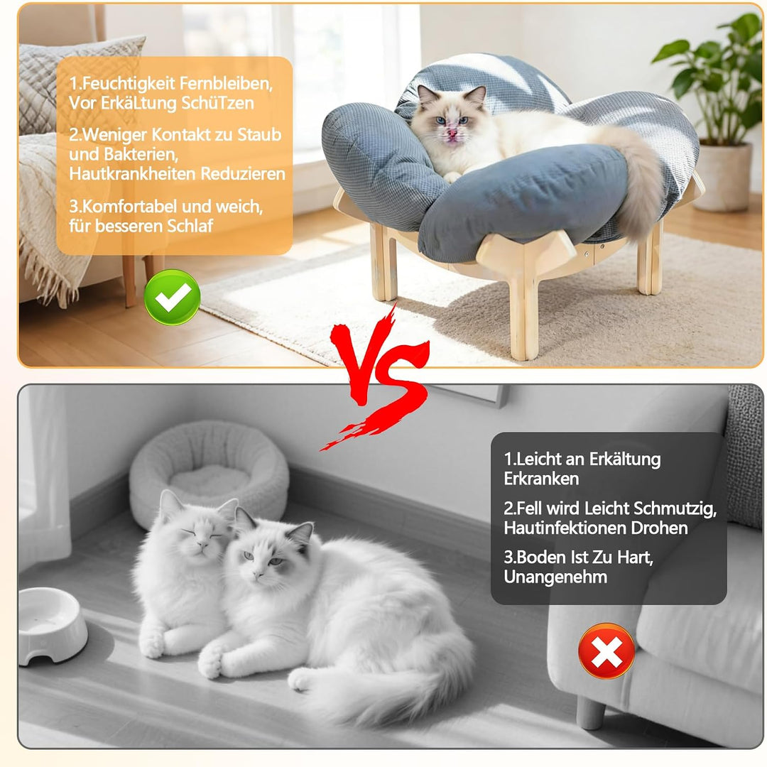 Erhöhtes Katzenbett aus Holz, Flauschiges Katzensofa in Blumenform, Katzenkissen mit waschbarem & Ho
