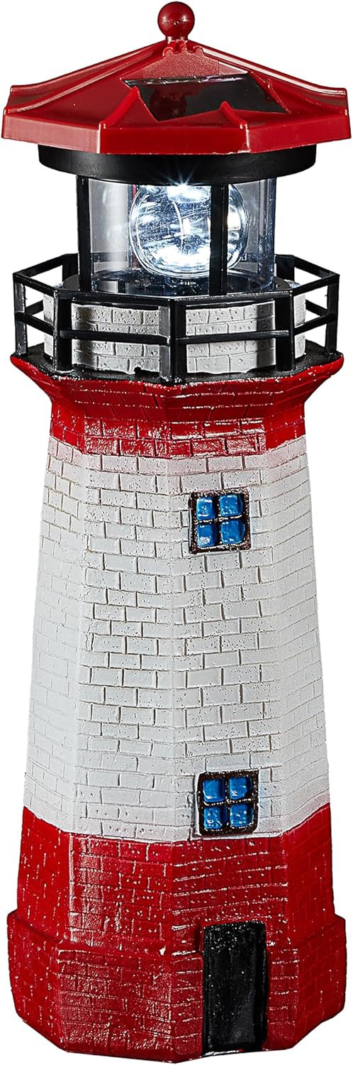 Cepewa LED Solar Leuchtturm | H28cm rot weiss | Gartendeko Leuchtfeuer Turm Leuchtfeuer Solarbeleuch