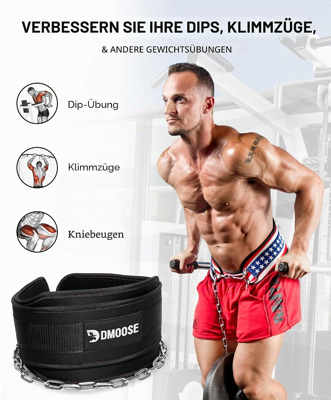 DMoose Fitness Premium Dip Gürtel mit Kette 36" Heavy Duty Stahlkette, Comfort Fit Neopren, Double S