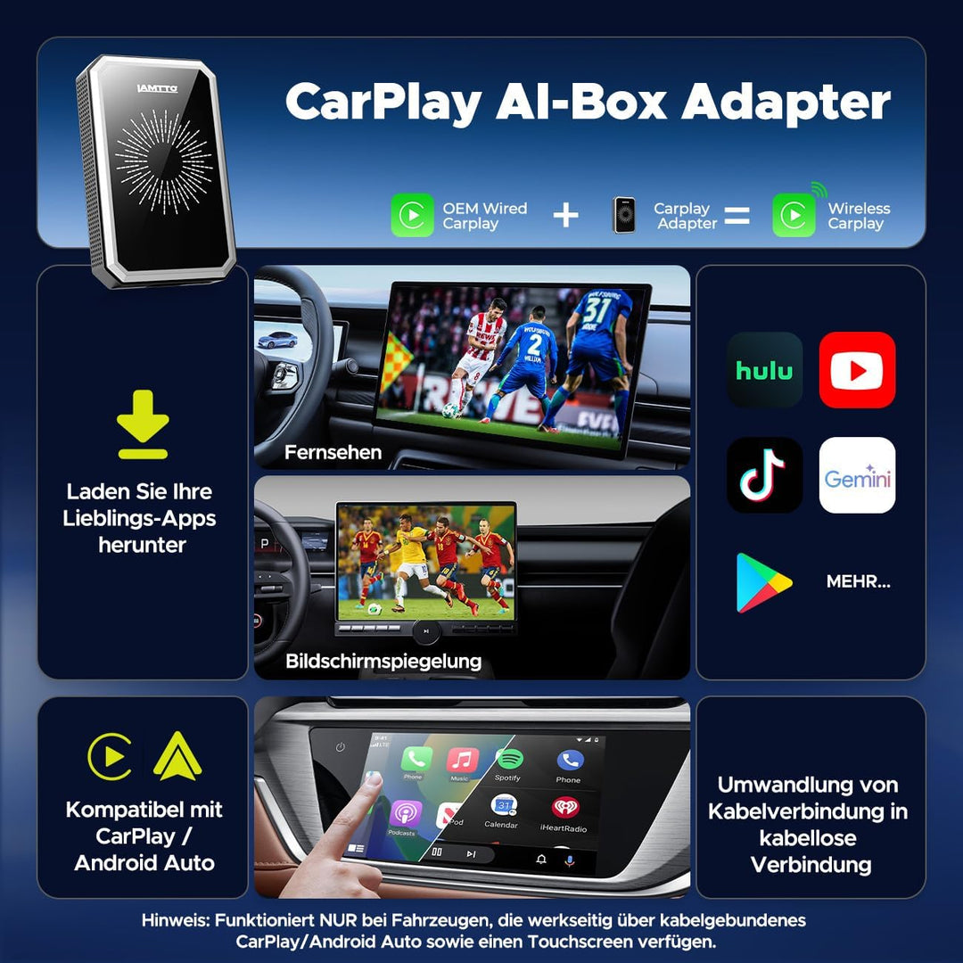 LAMTTO Wireless CarPlay Adapter AI Box mit Google Play App-Download & Gemini AI für CarPlay & Androi
