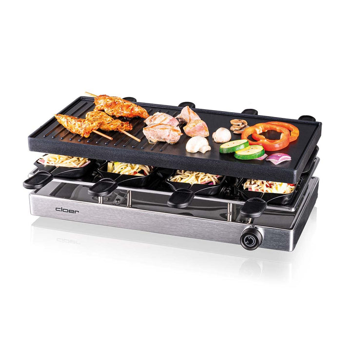 Cloer 6458 Raclettegrill mit Aluminium-Druckguss Platte, 1200 W, 8 antihaftbeschichtete Raclettepfän