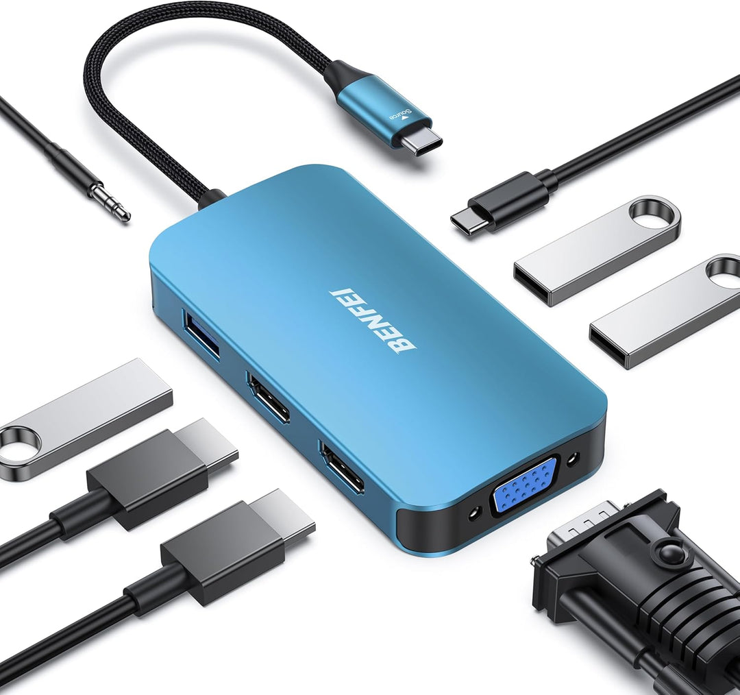 BENFEI USB C MST HUB 8-in-1, USB-C HUB mit USB-C zu 2*HDMI/1*VGA, USB-C zu 3*USB 3.0/100W Power Deli
