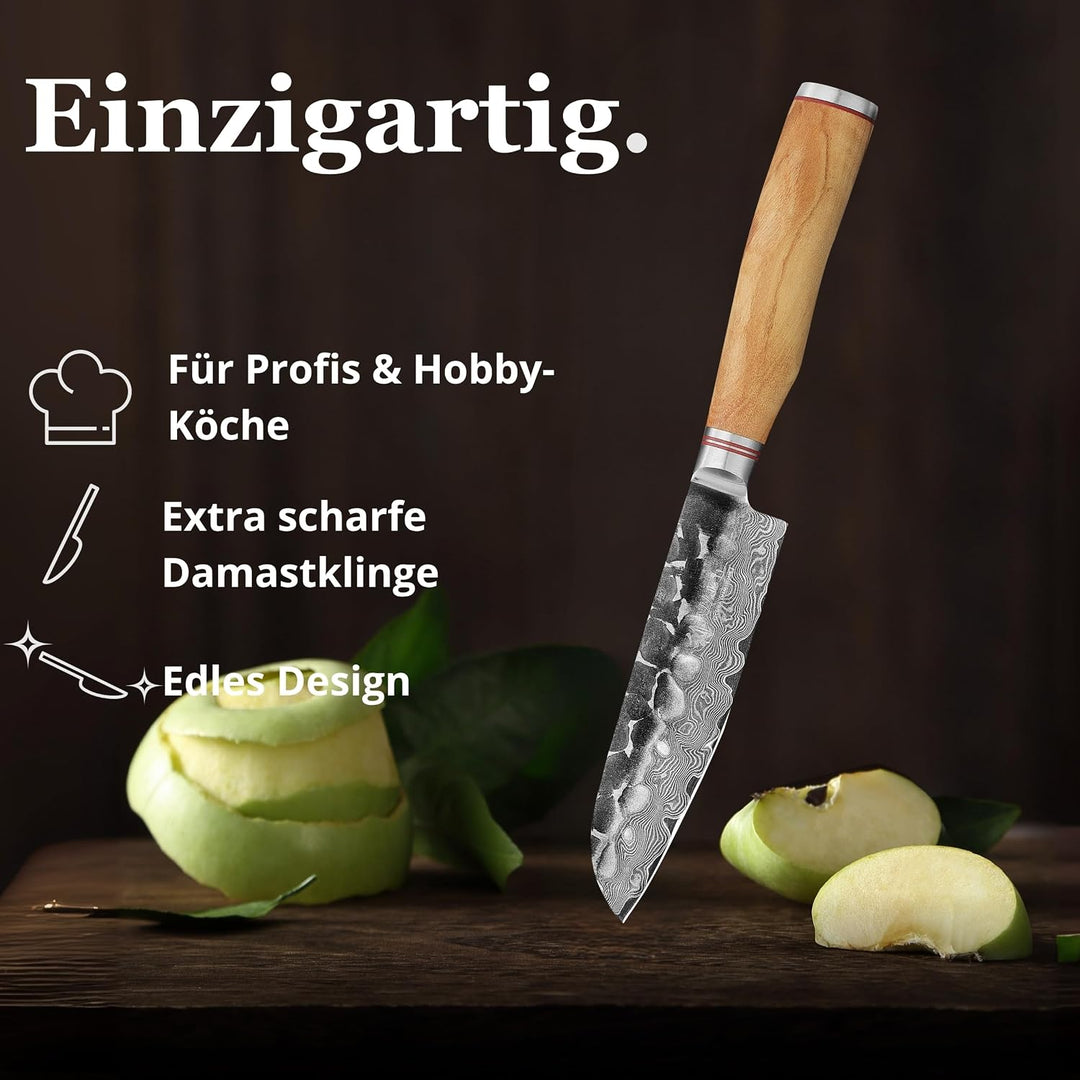 Wakoli Olive HS Serie Damastmesser kleines Santokumesser 13cm Klinge extrem scharf aus 67 Lagen I Da