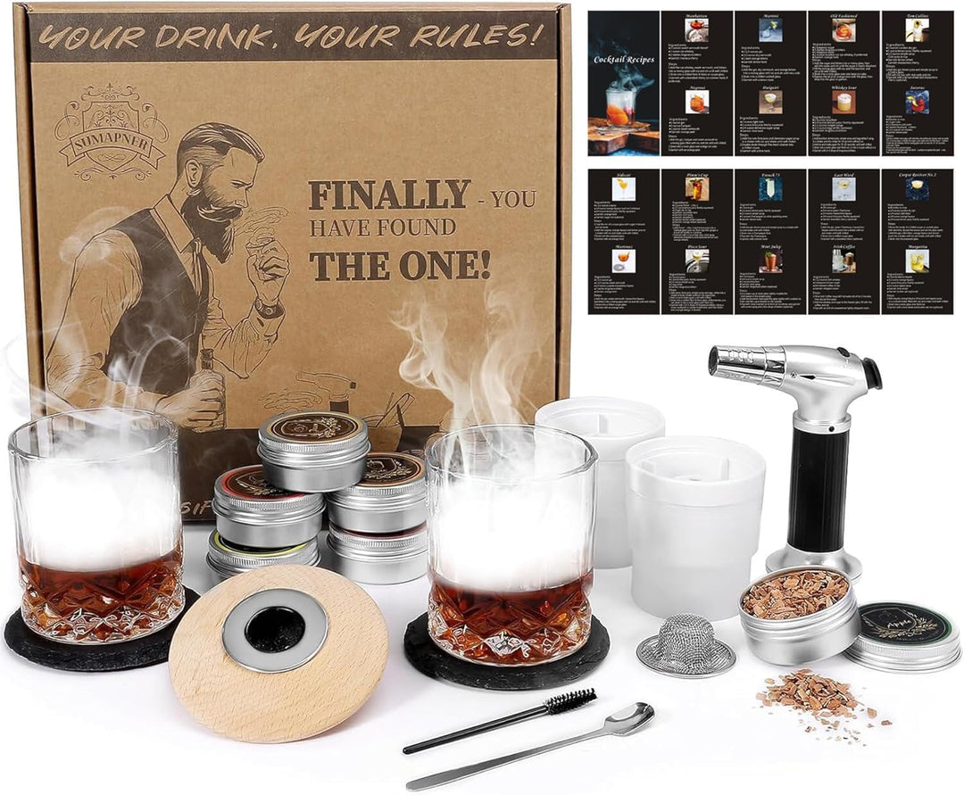 Whiskey Cocktail Smoker Set mit Brenner, 6 Geschmacksrichtungen Holzspäne, 2 Gläser, 2 Eisball-Forme