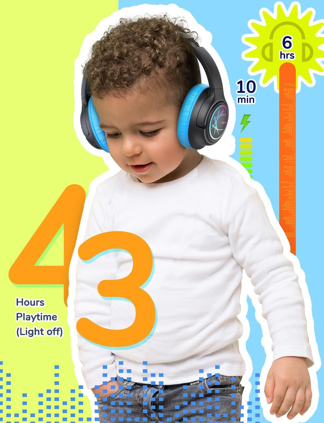 iClever Bluetooth kopfhörer Kinder mit LED-Leuchten, 74/85/94dB Lautstärkebegrenzung, 43 Stunden Spi