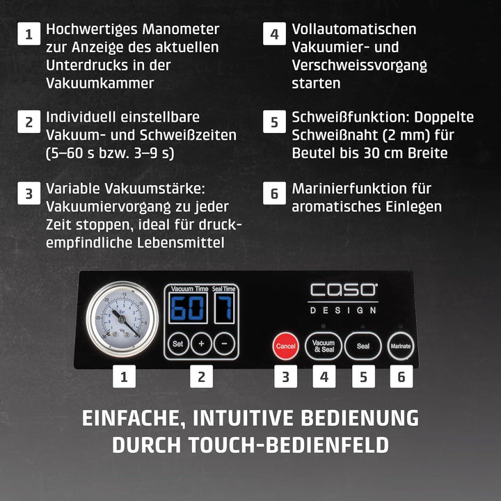 CASO VacuChef 50 - Kammervakuumierer aus Edelstahl, 70 l/min, 4 Kammervolumen, doppelte Schweissnaht