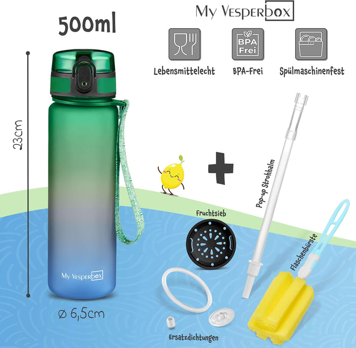 My Vesperbox® Trinkflasche Kinder [500ML] - Wasserflasche Kohlensäure Geeignet &amp; Auslaufsicher - Wat