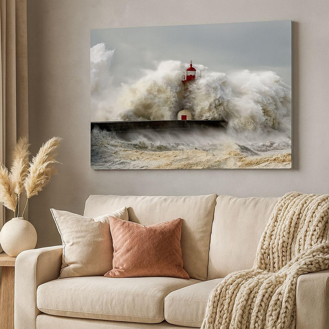 ARTTOR Bilder auf Leinwand 100x70cm Leinwandbild Leuchtturm Ozean Sturm Gross Wanddeko Bild Schlafzi