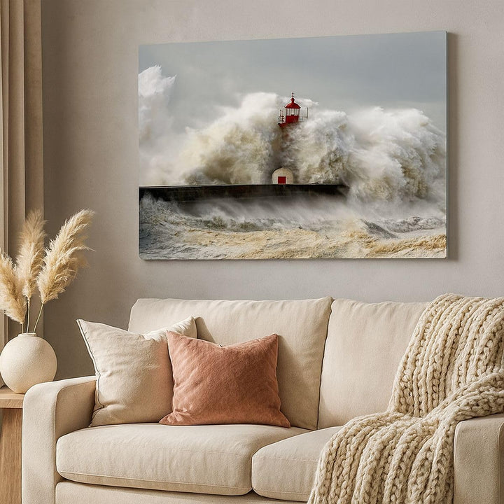 ARTTOR Bilder auf Leinwand 100x70cm Leinwandbild Leuchtturm Ozean Sturm Gross Wanddeko Bild Schlafzi