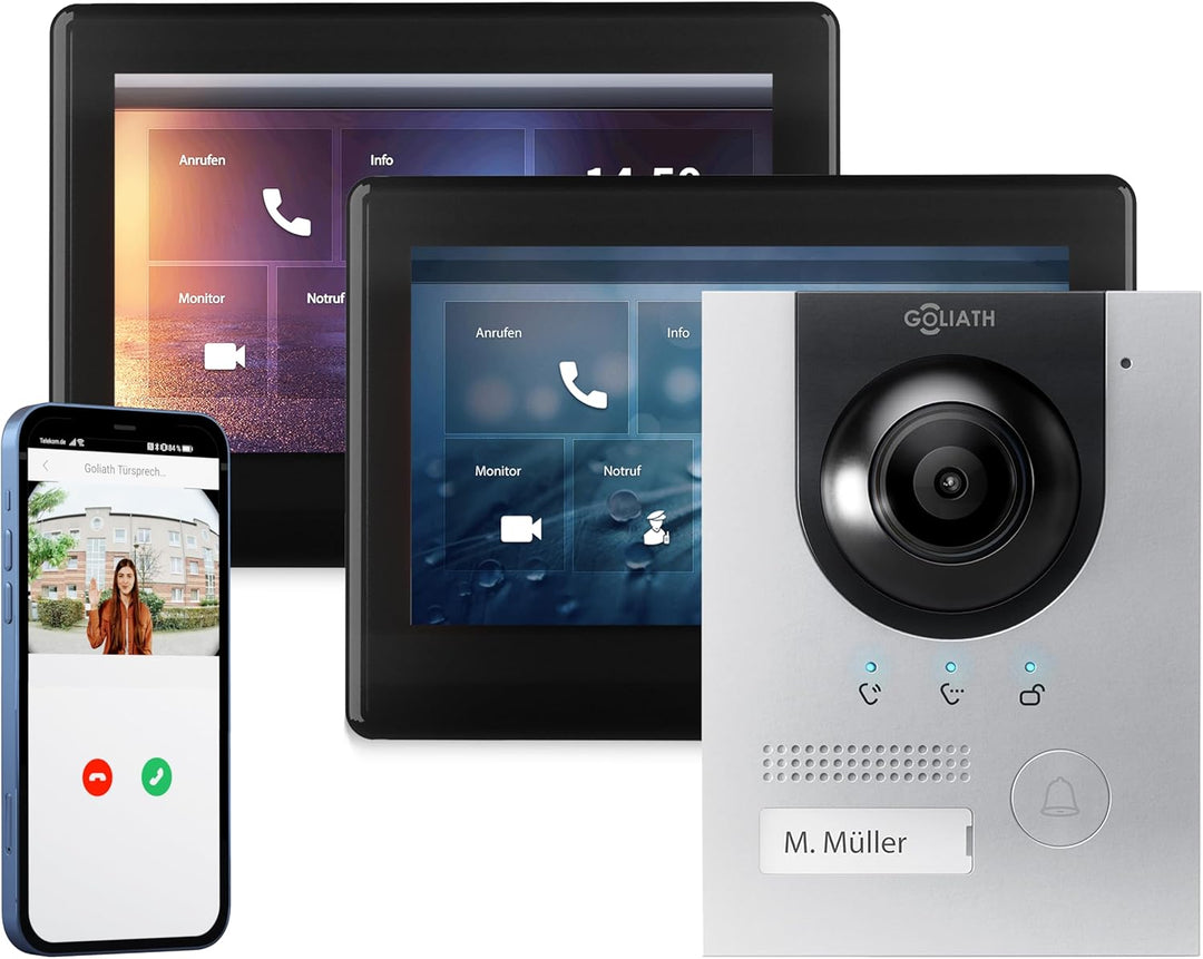 GOLIATH Full-HD Video Türsprechanlage, Unterputz Türstation in Silber, 1 Familienhaus Set, 2X Touchs