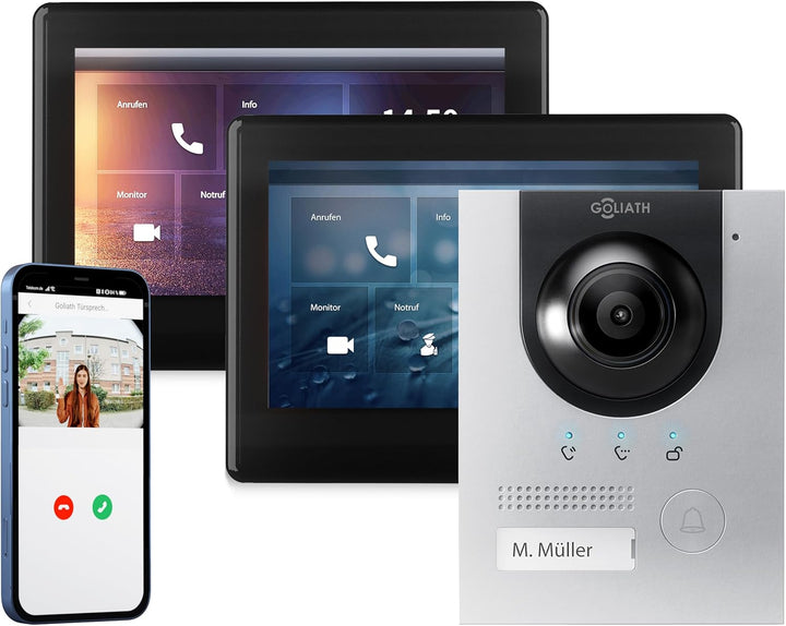 GOLIATH Full-HD Video Türsprechanlage, Unterputz Türstation in Silber, 1 Familienhaus Set, 2X Touchs
