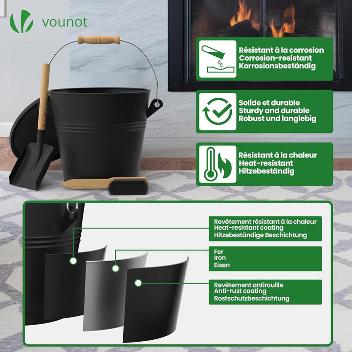 VOUNOT® Ascheeimer mit Deckel, Feuerfest Metall Kohleeimer 5L mit Schaufel und Handbesen, Werkzeugse