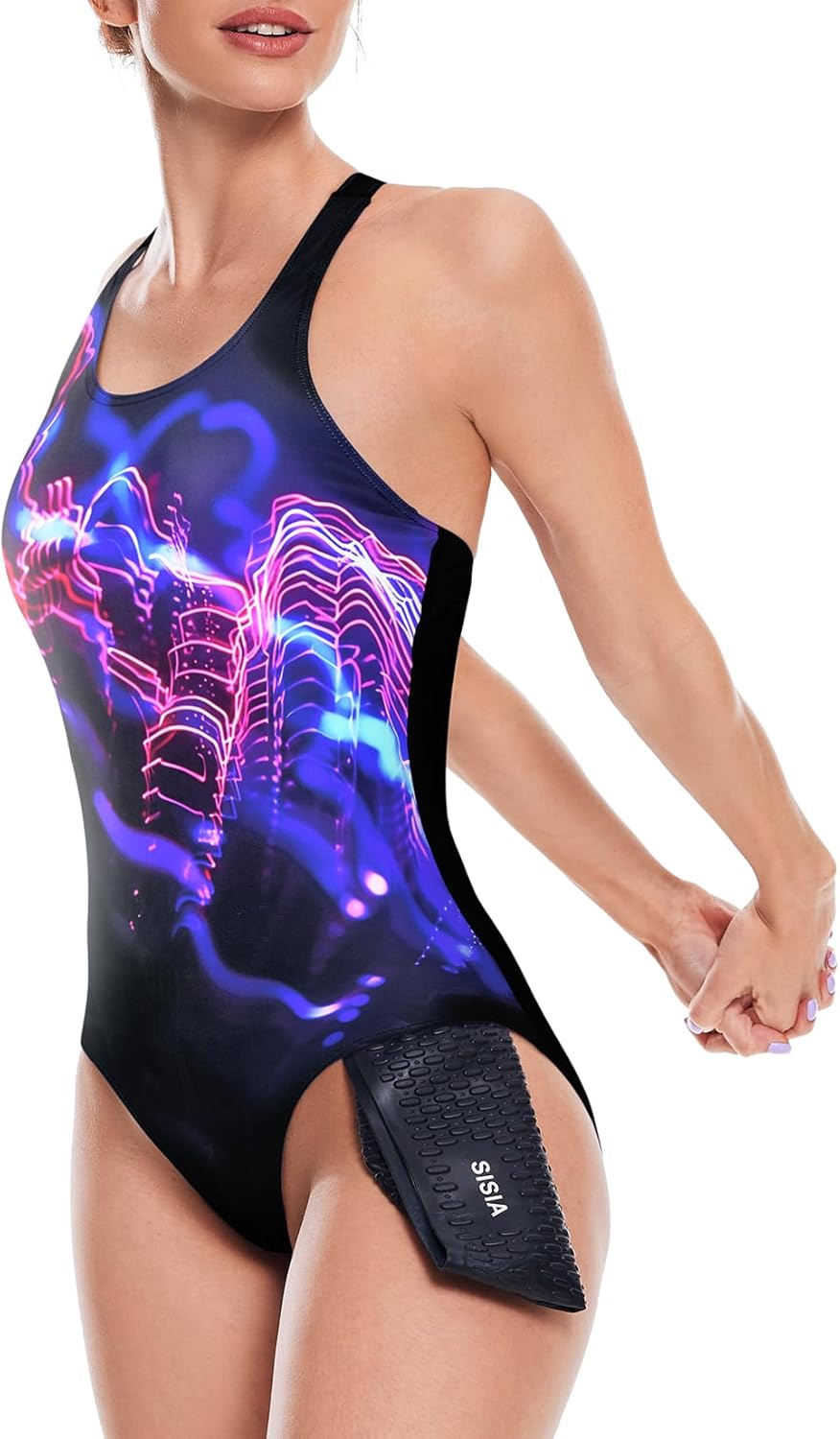 Damen Sport Badeanzug Racerback Schwarz Sport Bademode, Dynamisches Neon