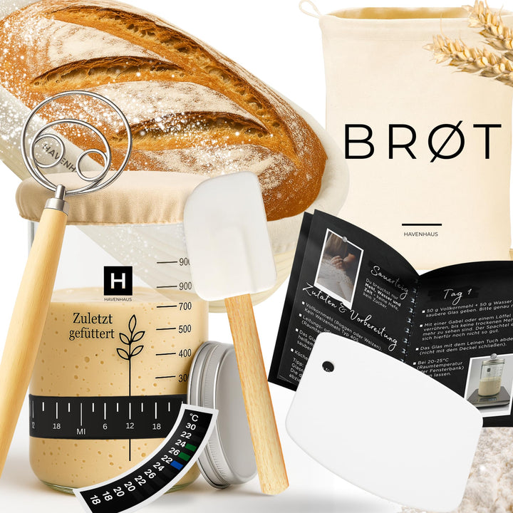 Brotbackset Gärkörbchen oval | Sauerteig Starter Set mit umfassendem Brot backen Zubehör | inklusive