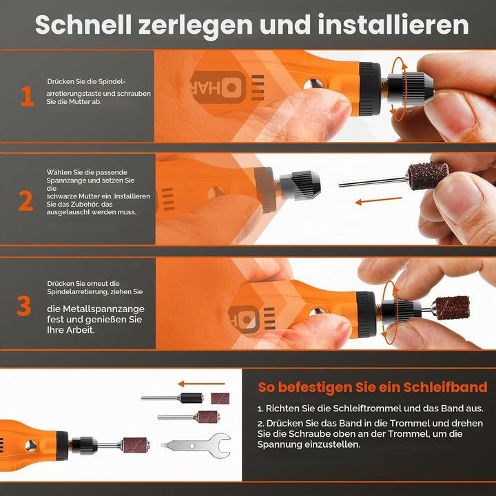 HARDELL Mini Akku Rotationswerkzeug mit LED, 5 Geschwindigkeiten (5000-18000 U/min), 3,7V Multifunkt
