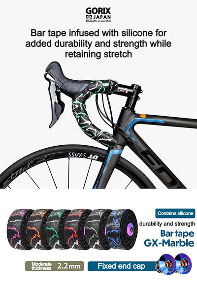 GORIX Lenkerband Lenker Grip Wrap + 2 Lenkerstopfen Rennrad Mountainbike Radfahren (GX-Marble) (Blau