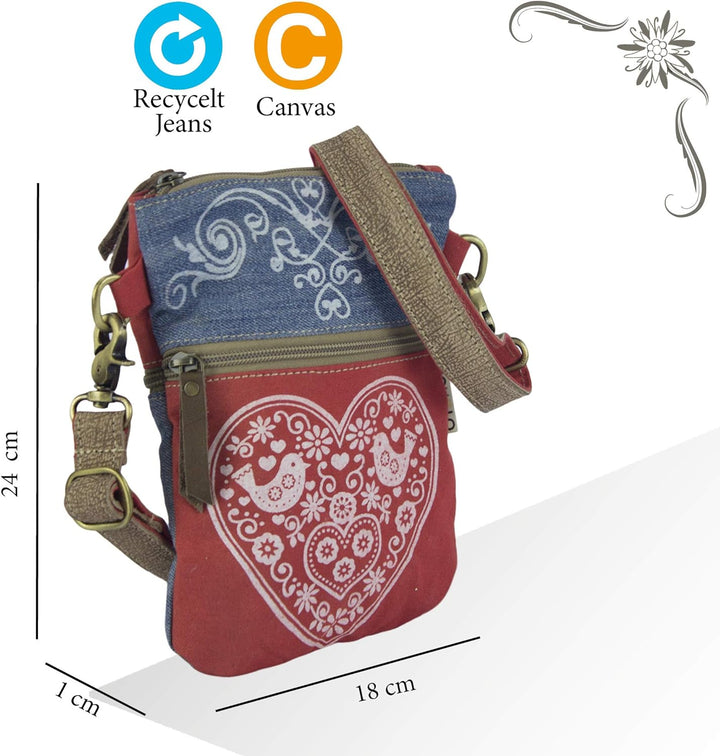 Domelo Trachtentasche. kleine Nachhaltige Umhängetasche aus Recycelte Jeans. Crossbody Bag mit Herz