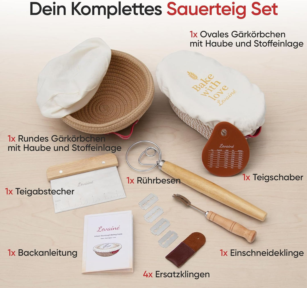 Levainé Sauerteig Starter Set mit Gärkörbchen Set (Rund & Oval) und Zubehör – Brot Backen Zubehör Se