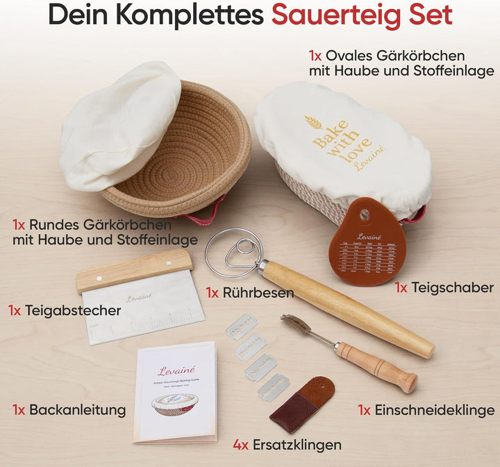 Levainé Sauerteig Starter Set mit Gärkörbchen Set (Rund & Oval) und Zubehör – Brot Backen Zubehör Se