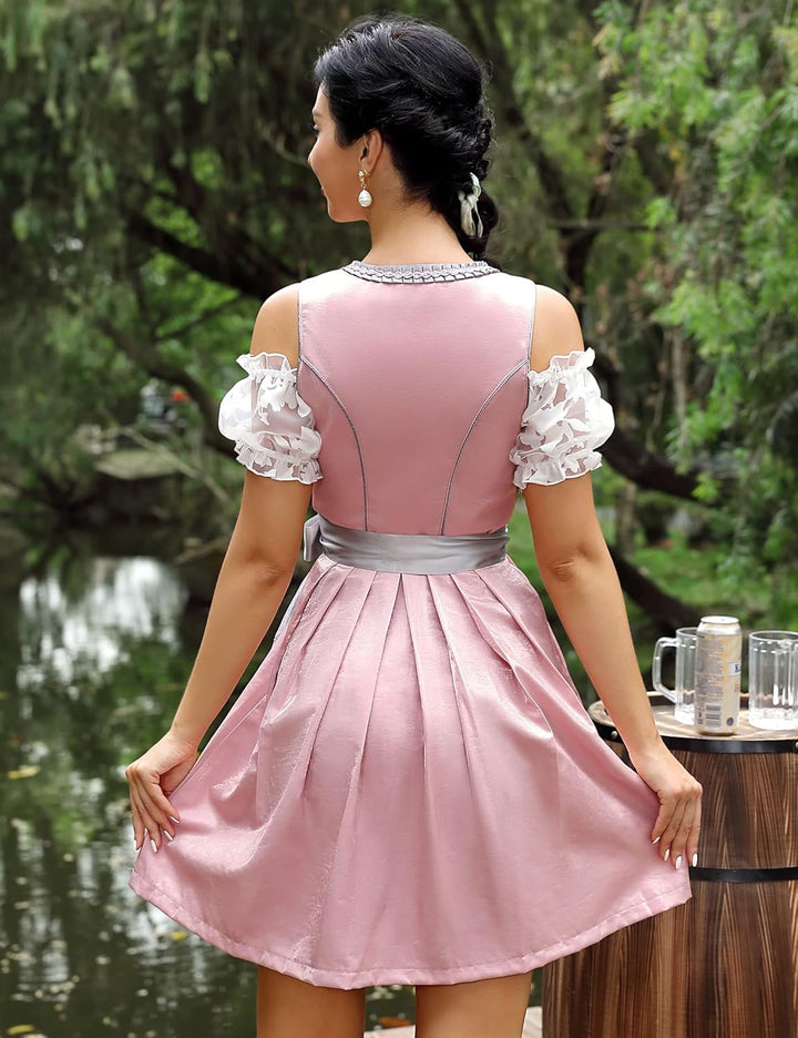 KOJOOIN Damen Dirndl Trachtenkleid Kurz Set 3tlg. für Oktoberfest inkl. Dirndl Kleid,Dirndlschürze,D