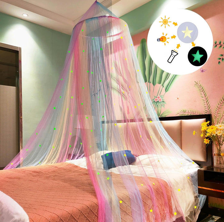 Eimilaly Prinzessin Regenbogen Betthimmel mit Sternen leuchten in der Dunkelheit, Betthimmel für Mäd