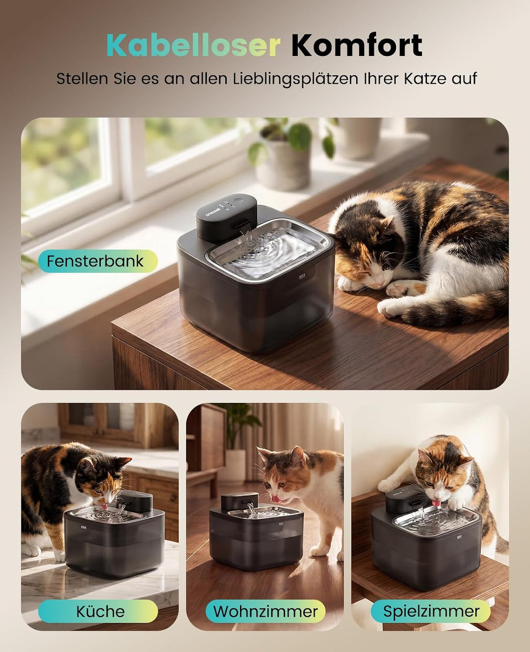 Oneisall 2.2L Kabelloser Katzenbrunnen Edelstahl mit Bewegungsmelder Katze | 4000mAh Akku 45 Tage La