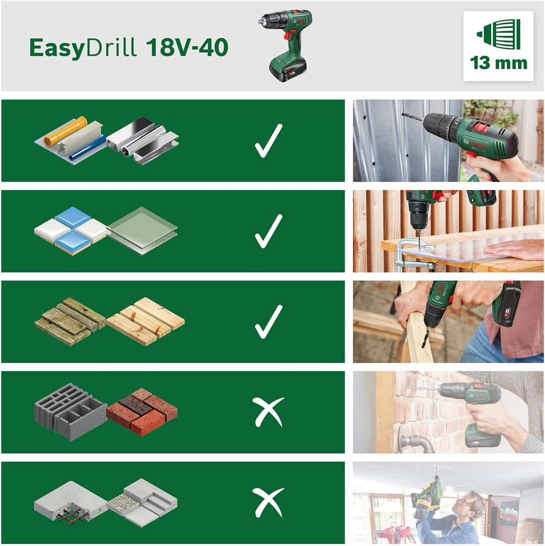 Bosch Akkuschrauber EasyDrill 18V-40 (Schrauben oder Bohren in Holz, Metall und Kunststoff; 18 Volt