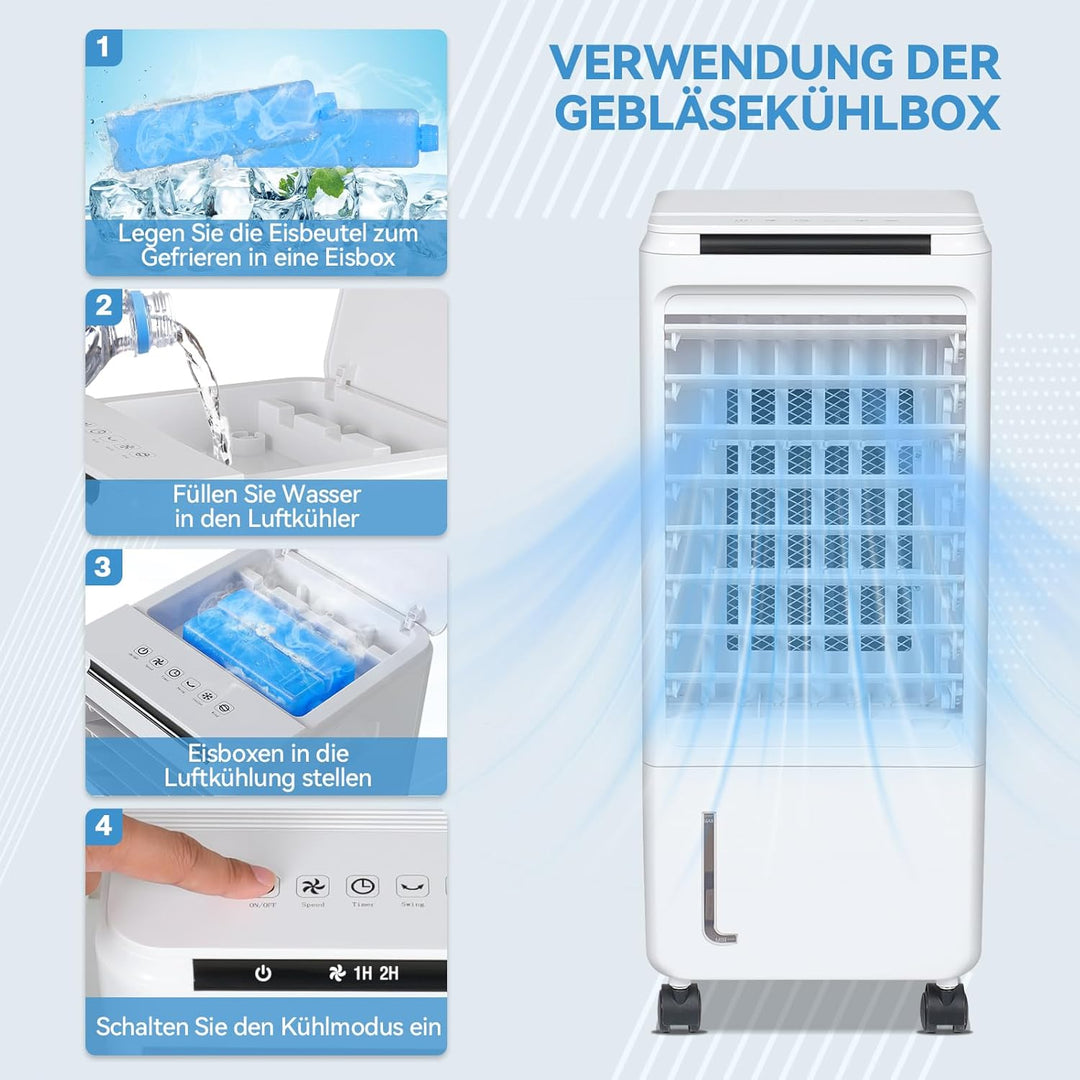 Fullwatt Mobiler Luftkühler 7 Liter Kapazität, Mobile Klimageräte mit 2 Kühlakkus, 80W, 3 in 1 Luftb