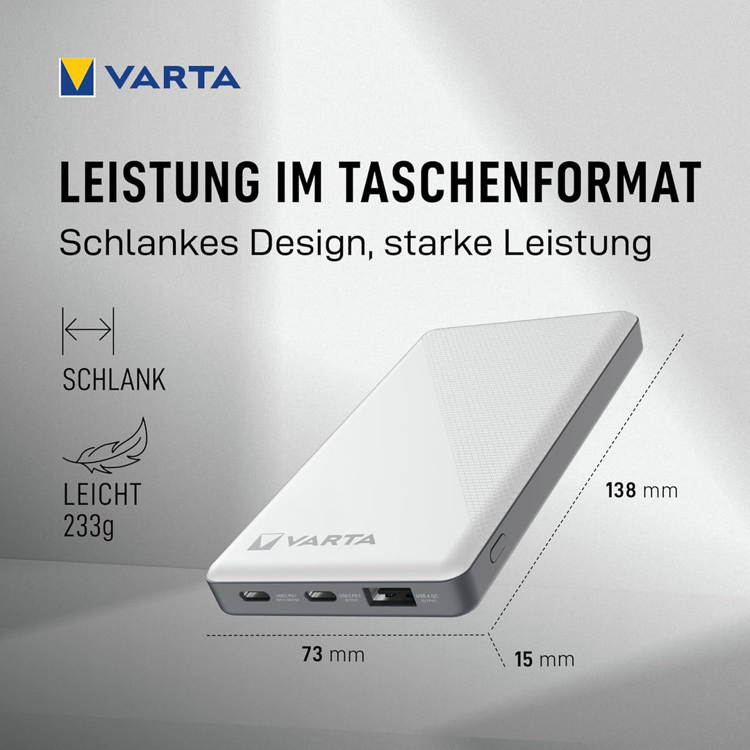 VARTA Power Bank 10000mAh, Powerbank Energy mit 3 Anschlüssen (2x USB C, 1x USB A) Kompatibel mit Ta