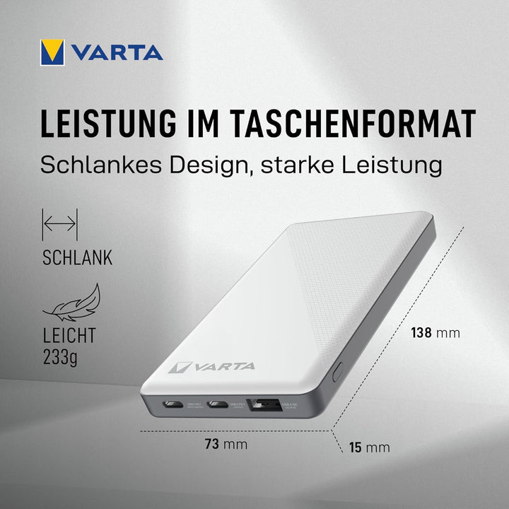 VARTA Power Bank 10000mAh, Powerbank Energy mit 3 Anschlüssen (2x USB C, 1x USB A) Kompatibel mit Ta