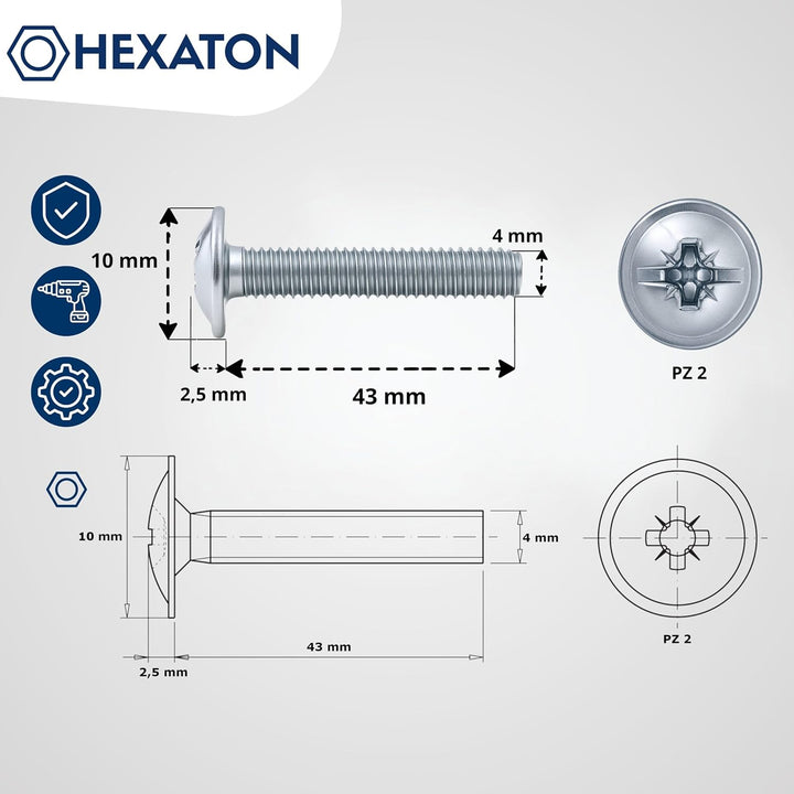 HEXATON Kreuzschlitzschrauben mit Linsenkopf mit Flansch Pozidriv – M4 x 43 mm – 100 Stück – DIN 967