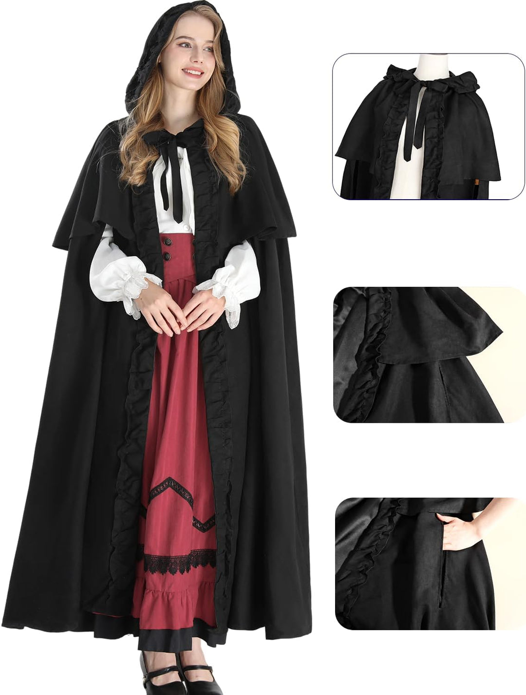 Fiamll Mittelalter Umhang Damen Kapuze Mantel mit Manschette Einfarbige Trenchcoat Renaissance Vampi