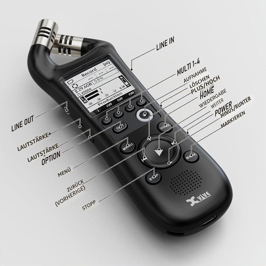 Xvive - XV1-R Digitaler Handheld-Recorder mit integrierten Mikrofonen - WAV-Aufnahme Mono Stereo