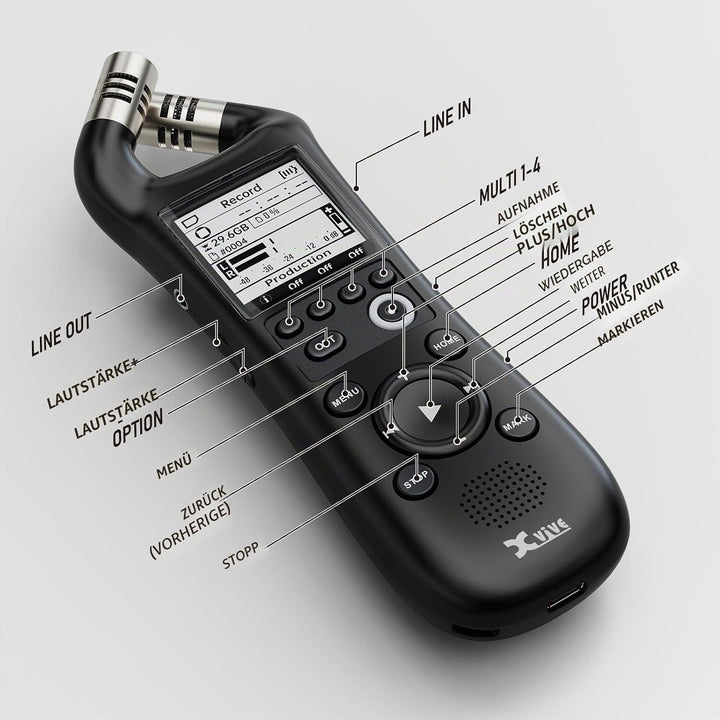 Xvive - XV1-R Digitaler Handheld-Recorder mit integrierten Mikrofonen - WAV-Aufnahme Mono Stereo