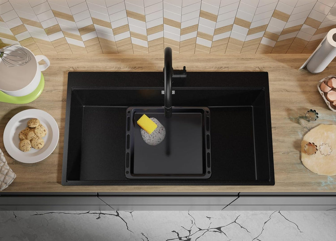 Spülbecken Schwarz 88x50cm, Granitspüle 1 Becken + Ablauf-Set + Schneidebrett, Küchenspüle ab 90er U