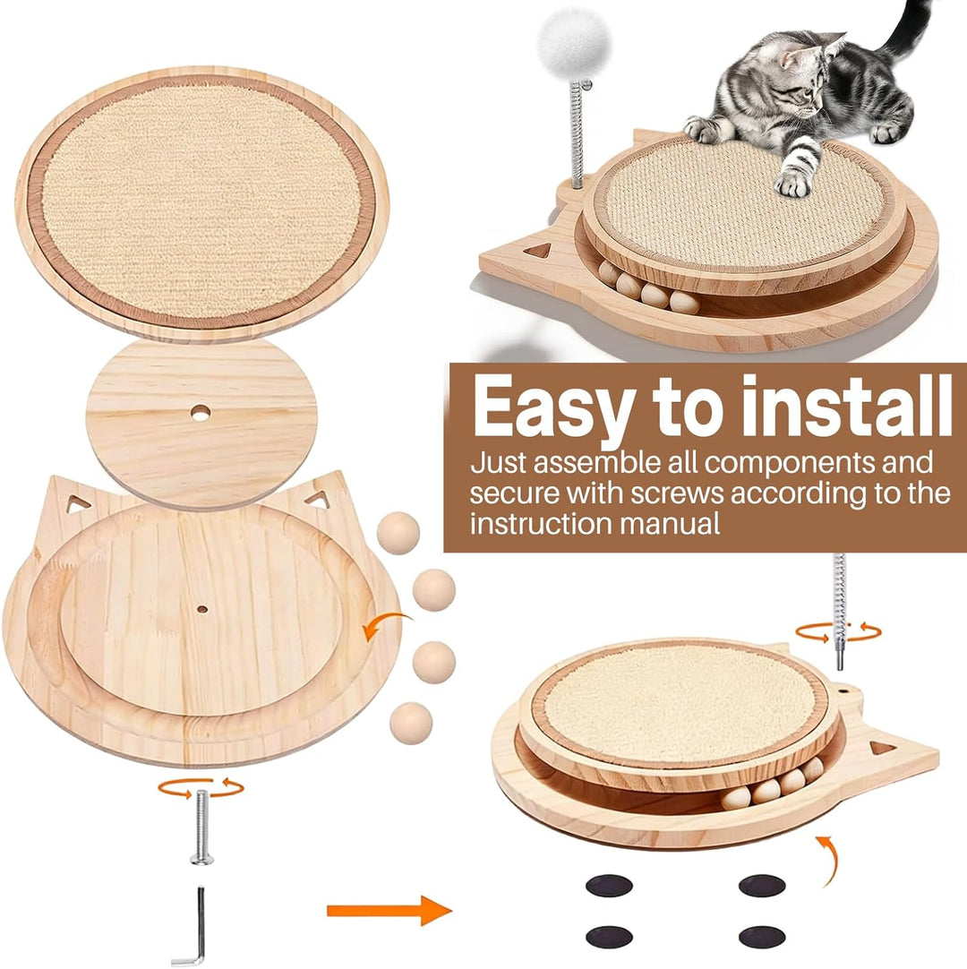 3-IN-1 Kratzbrett Katze Holz, Katzenkratzbrett mit Natürlicher Sisalmatt kratzmöbel Katze mit kugelb