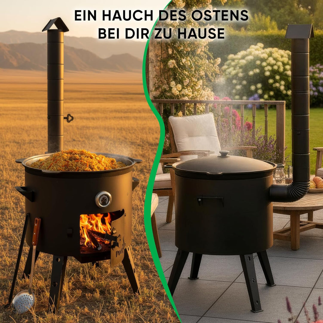 Utschak Feuerofen Ø 49 cm & Gusseisen-Kasan 22 L | Kazan-Set mit Deckel | Usbekischer Kochtopf für G