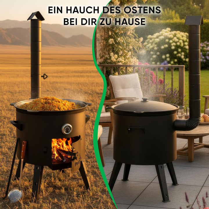 Utschak Feuerofen Ø 49 cm & Gusseisen-Kasan 22 L | Kazan-Set mit Deckel | Usbekischer Kochtopf für G