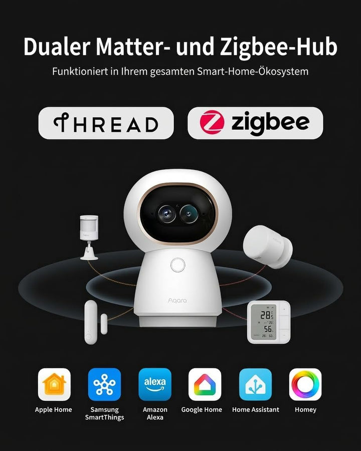 Aqara 4K UHD Dual Objektiv Kamera-Hub G350, Überwachungskamera Innen mit 9X Zoom und 360° PTZ, KI-Au