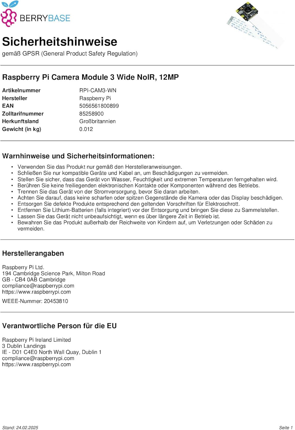 Raspberry Pi® Raspberry Pi® Camera Module 3 Wide Noir Camera Module 3 Wide Noir CMOS Farb-Kameramo
