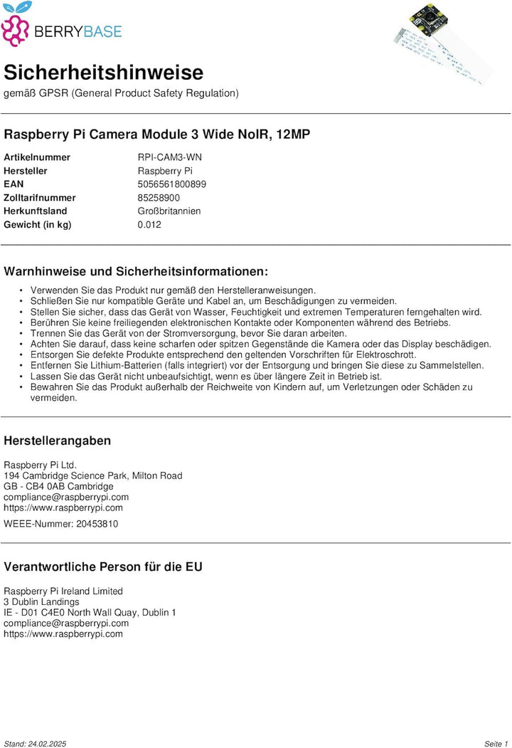 Raspberry Pi® Raspberry Pi® Camera Module 3 Wide Noir Camera Module 3 Wide Noir CMOS Farb-Kameramo