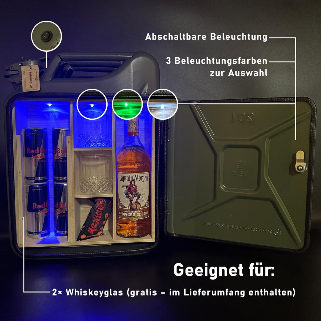 20L Kanister Mini Bar Premium I Maximal personalisierbar mit Gravur & LED Beleuchtung I 2 Whiskygläs