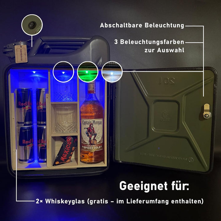 20L Kanister Mini Bar Premium I Maximal personalisierbar mit Gravur & LED Beleuchtung I 2 Whiskygläs