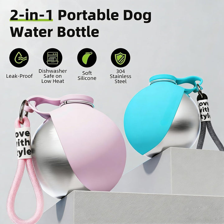 Trinkflasche Hunde für Unterwegs, 285 ml Edelstahl Hunde Trinkflasche mit Faltbarem Silikonnapf, Aus