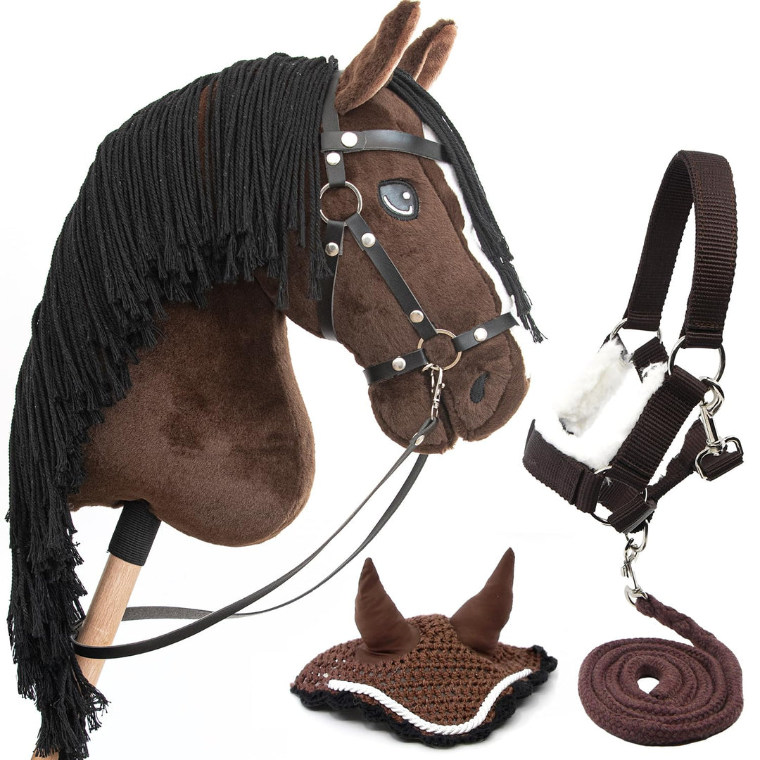 Hobby Horse A3 Bai Braun Rosshaar schwarz - Pferde - komplettes Zubehörset - Netz, Trense, Zügel, Ha
