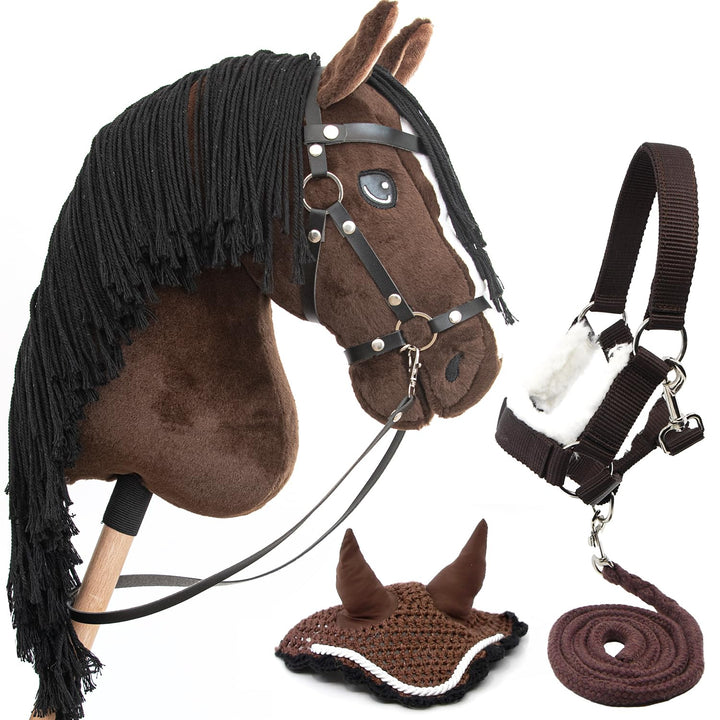 Hobby Horse A3 Bai Braun Rosshaar schwarz - Pferde - komplettes Zubehörset - Netz, Trense, Zügel, Ha