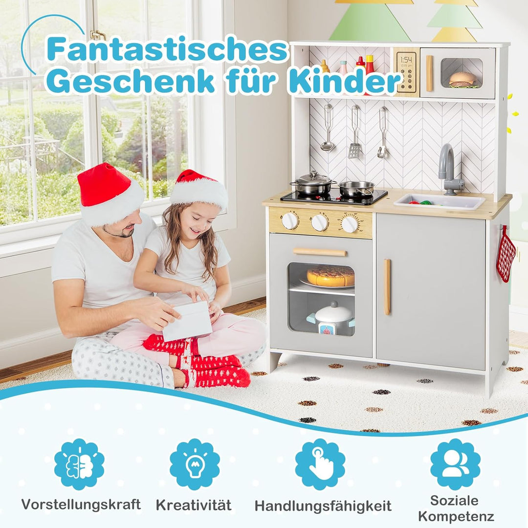 COSTWAY Kinderküche mit Zubehör, Spielküche Holz mit Mikrowelle Herd Spüle Ofen, Kinder Küche mit Li